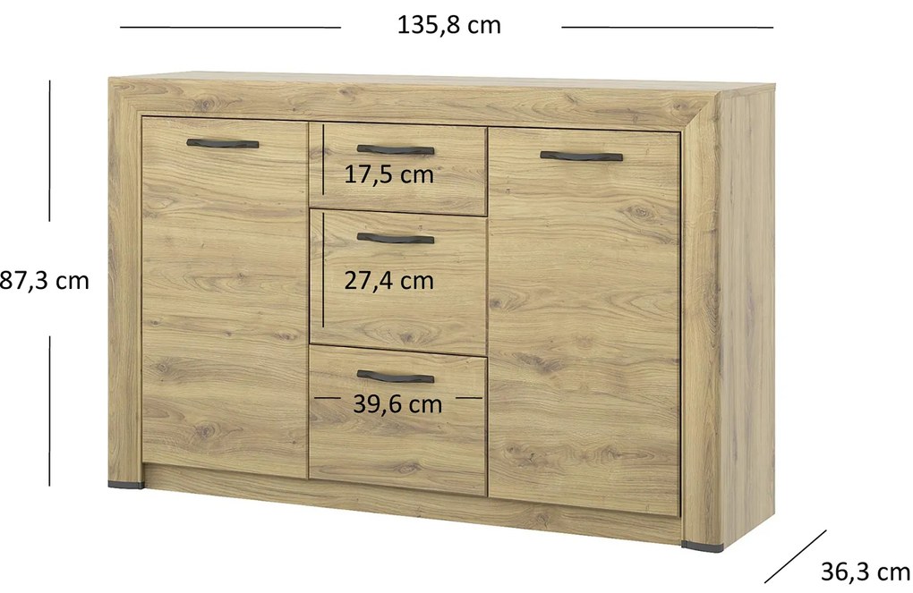 Komoda Dwudrzwiowa z Szufladami Drewniana do Salonu COVE 136 cm Dąb navarra Loft
