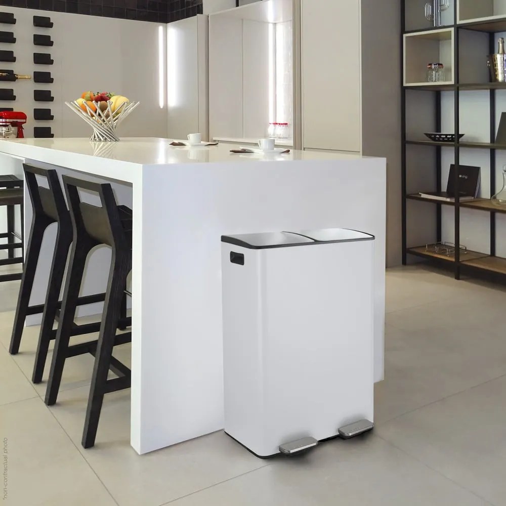 Stalowy kosz na śmieci 2x30 l do segregacji odpadów/z pedałem w matowym białym kolorze Aliya – Spirella