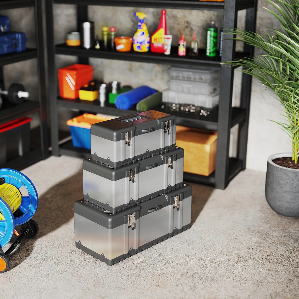 HOMCOM 3-częściowy zestaw skrzynek narzędziowych, Stal nierdzewna, Plastik, Srebrny