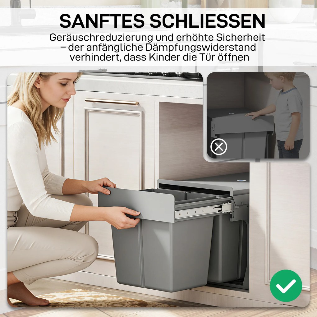 HOMCOM 31 l wysuwany pojemnik na odpady 15 l + 8 l x 2 z wyjmowanymi wiaderkami | Aosom PL