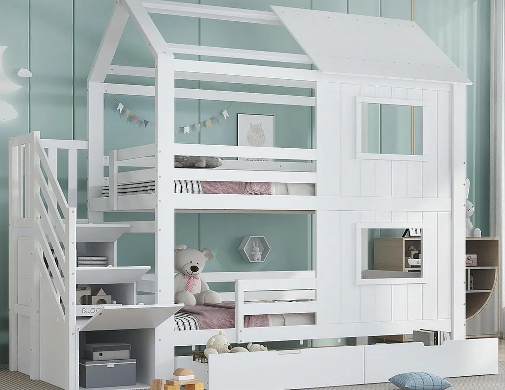 Łóżko piętrowe 90x200cm - z 2 szufladami - schody z miejscem do przechowywania - z oknami i dachem - Drewno lite + MDF - Biały (bez materaca)