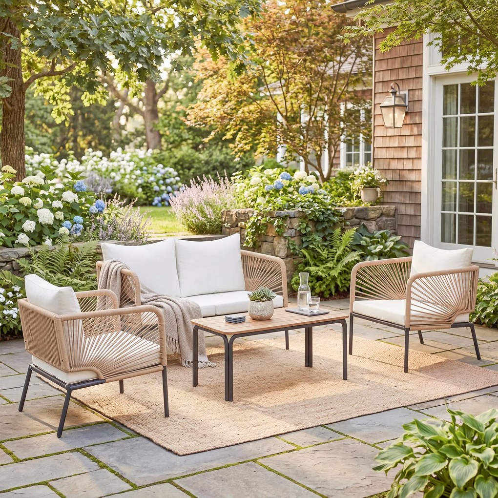 Outsunny Zestaw Mebli Ogrodowych dla 4 Osób z Sofą, 2 Fotelami, Stolik Kawowy z Lamellami, Zdejmowane Poduszki | Aosom PL