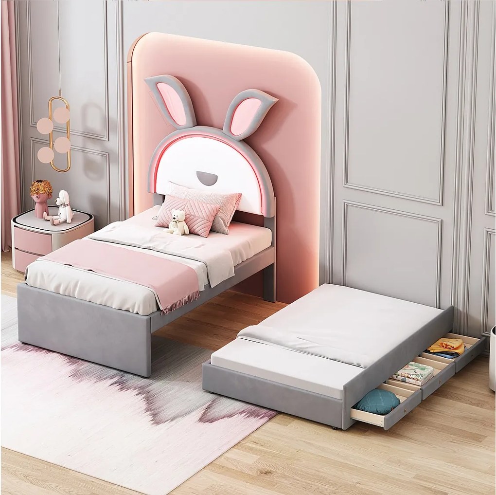 Łóżko wysuwane 90x200 cm - Łóżko dziecięce z szufladami, oświetleniem LED, stelażem - szary aksamit - materac nie jest wliczony w cenę