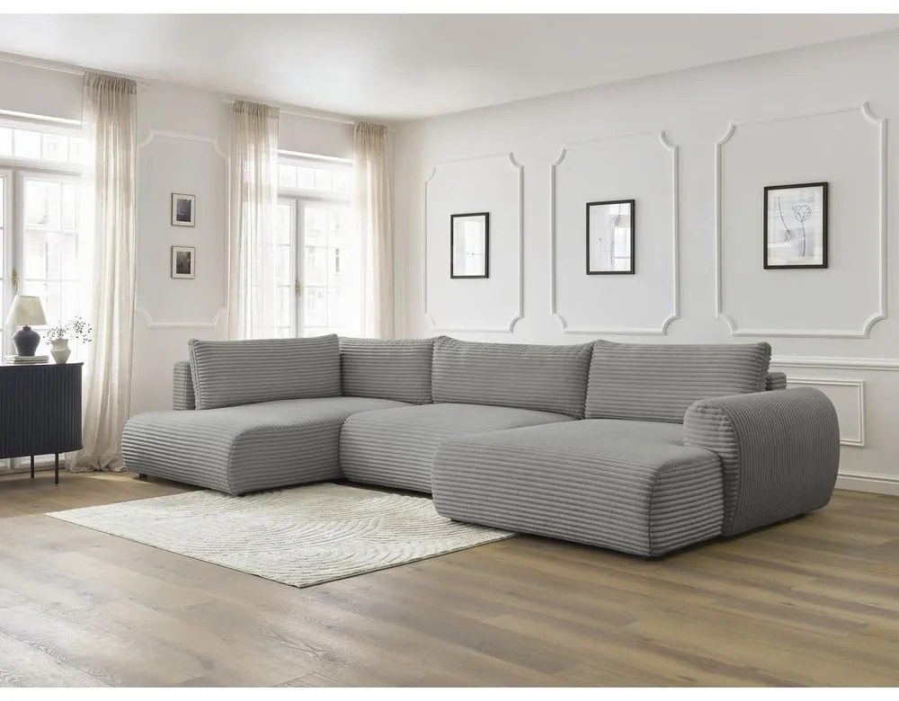 Ciemnoszary sztruksowy rozkładany/ze schowkiem narożnik (lewostronny/w kształcie litery U) Lucien – Bobochic Paris