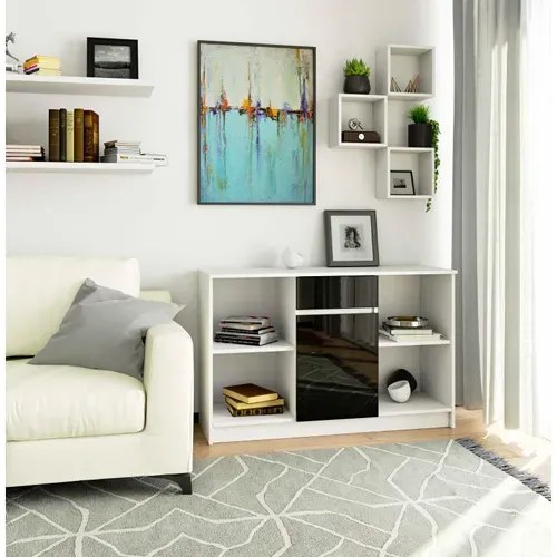 Komoda z szufladą i półkami biała + czarny połysk D1-N35