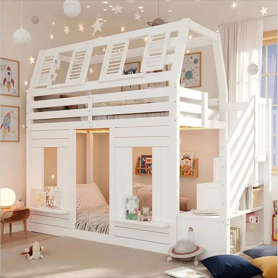 Łóżko piętrowe dla dzieci - 2 x 90 x 200 cm - z oświetleniem LED + schody ze schowkiem - kształt okna - drewno - białe