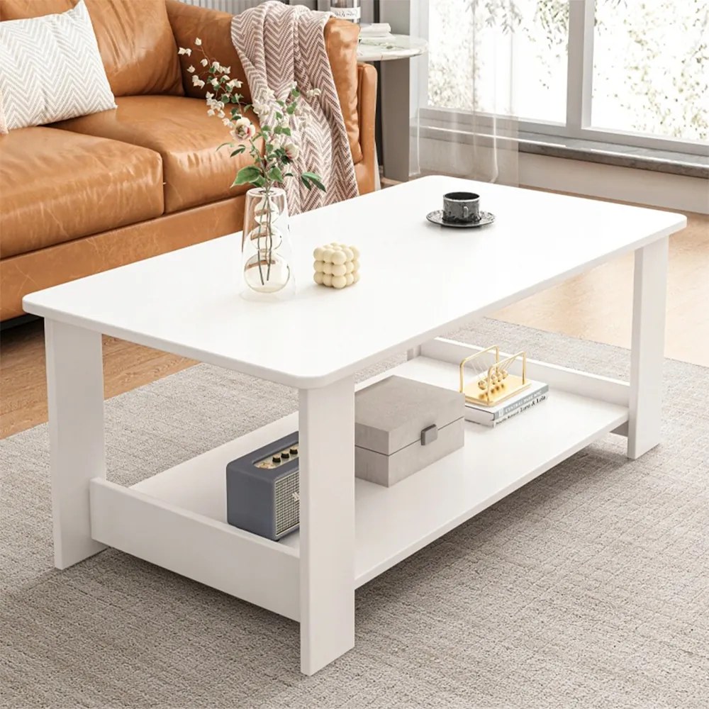 Biały stolik kawowy 100x50x42 cm – z praktyczną półką, nowoczesny design