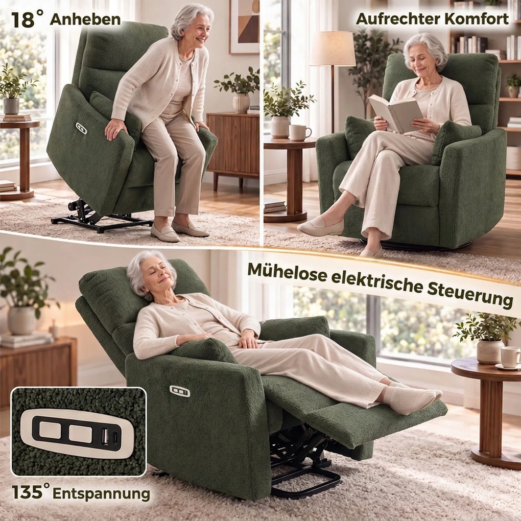 HOMCOM Fotel z funkcją podnoszenia z masażem i ogrzewaniem, elektryczny fotel relaksacyjny z Teddyfleece dla seniorów, Ciemnozielony | Aosom PL