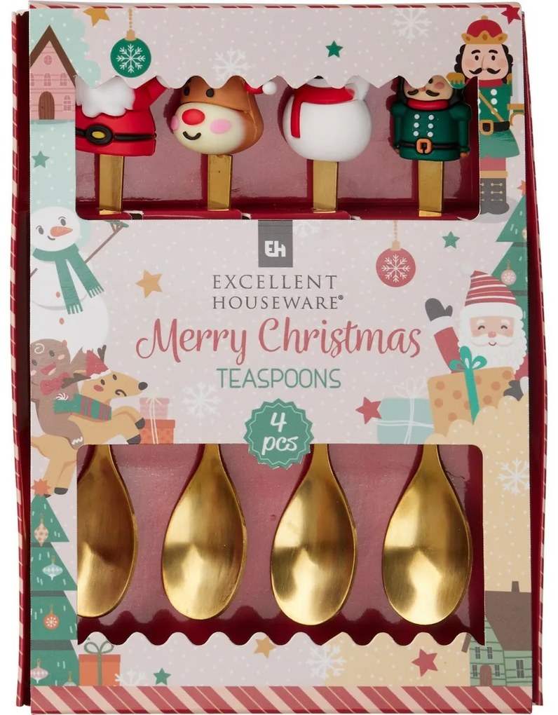 Zestaw 4 złotych łyżeczek z motywem świątecznym
