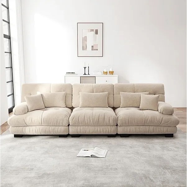 Duża sofa beżowa - 3-osobowa - z 5 poduszkami - rama z litego drewna - Plusz - 313x77x81cm