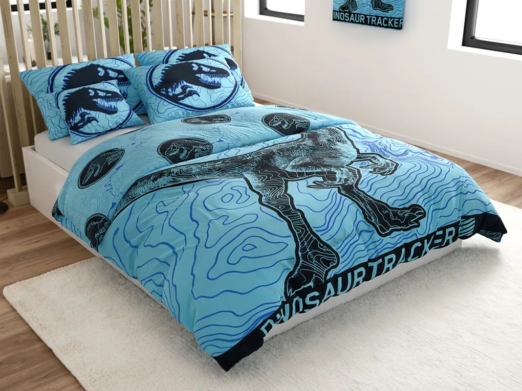 PrzytulneMieszkanie.pl PrzytulneMieszkanie.pl Świecąca pościel bawełniana JURASSIC WORLD w kolorze niebieskim Rozmiar pościeli: 70 x 90 cm | 140 x 200 cm