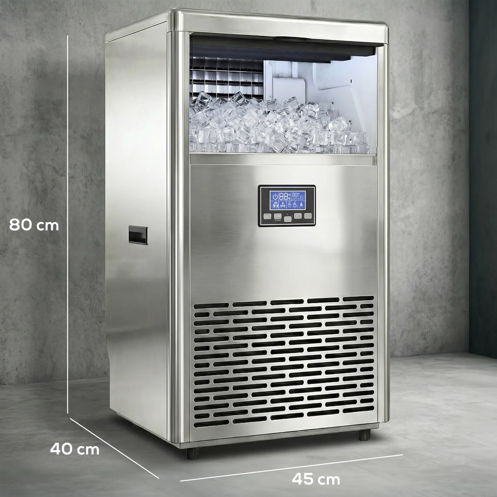 HOMCOM Komercyjna Maszyna do Lodu 45 kg/24H, Stal Nierdzewna, 15 kg Pojemności, Funkcja Samoczyszczenia, Srebrna | Aosom PL