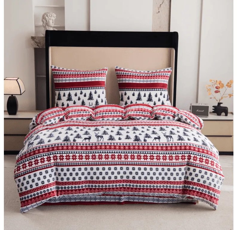 PrzytulneMieszkanie.pl PrzytulneMieszkanie.pl PrzytulneMieszkanie.pl Zestaw 2 sztuki pościeli z mikropluszu TWINKLE CHRISTMAS kolorowa + prześcieradło z mikropluszu SOFT 180x200 cm białe, podwójne łóżko