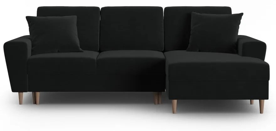 Czarny aksamitny rozkładany/ze schowkiem narożnik (prawostronny/z szezlongiem) Kyoto – Cosmopolitan Design