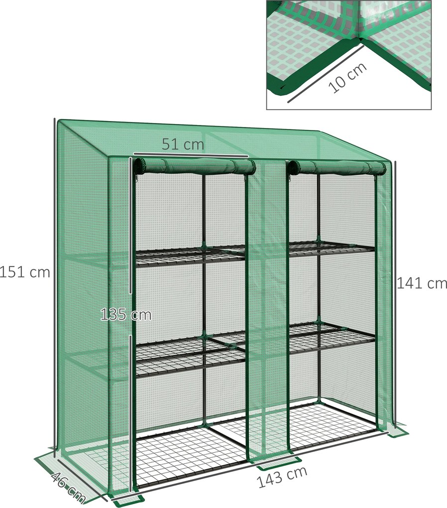 Outsunny Mini-szklarnia, 3 poziomy, 6 półek z drutu, 2 otwory, pokrycie z tworzywa, zielony | Aosom PL