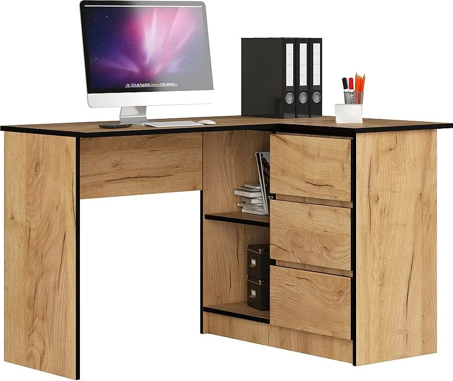 Biurko narożne AKORD B16 Dąb Craft 124 cm prawe 3 szuflady kolor Dąb Craft mat 2 półki 124x85x77 cm