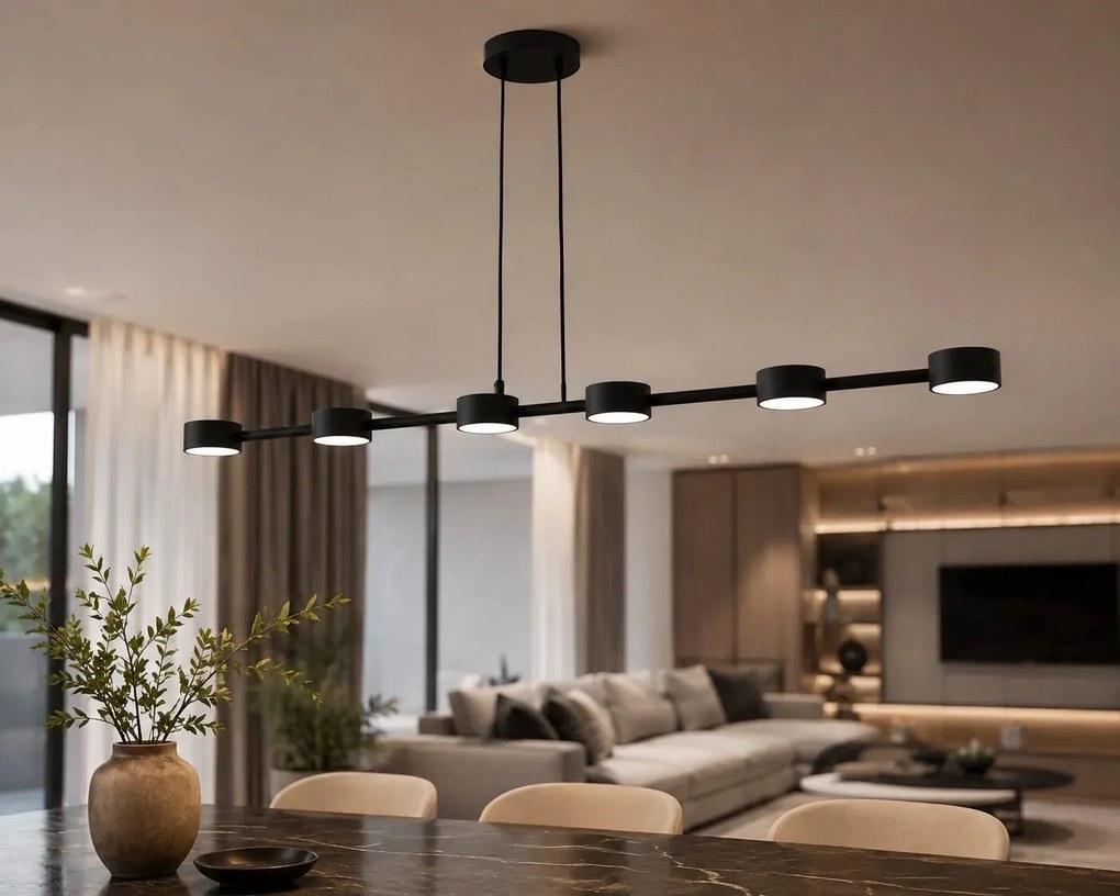 Lampa wisząca liniowa Megara 6 Black do nowoczesnego salonu, 6 kloszy