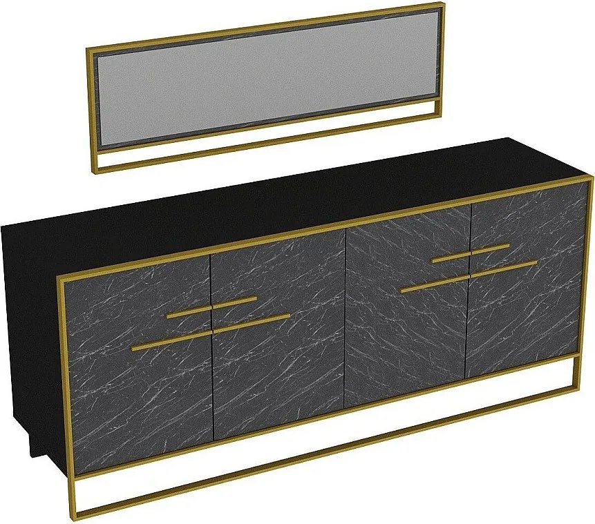 Nowoczesna komoda z lustrem, w kolorze złotym i czarnym, 179,9 x 75 x 47,3 cm | 100% melaminy, grubość 18 mm, możliwość montażu na ścianie, efektowny