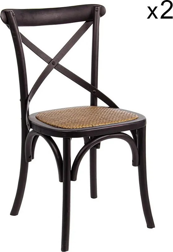 Zestaw 2 krzeseł z czarnego drewna wiązu i naturalnego rattanu - CROSS