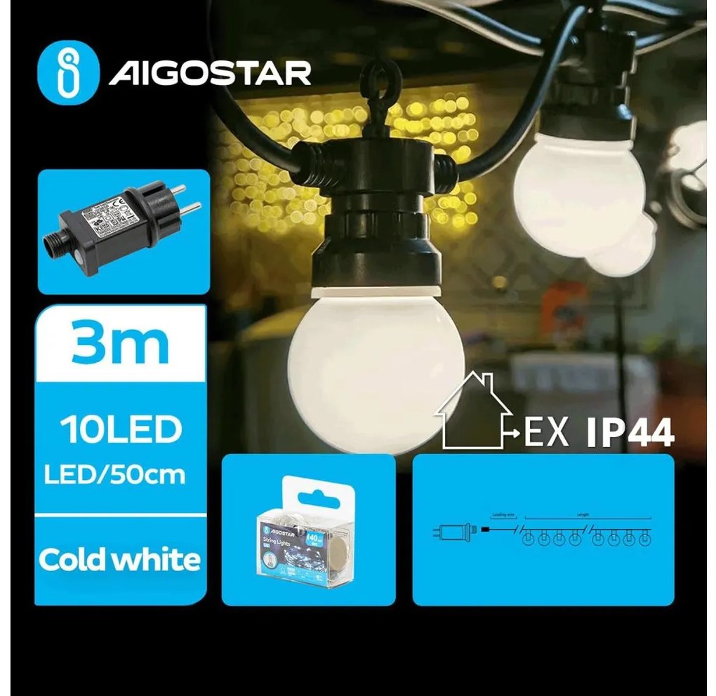 Aigostar - Zewnętrzna girlanda świetlna LED, 10 diod, 3 m, IP44, zimna biel