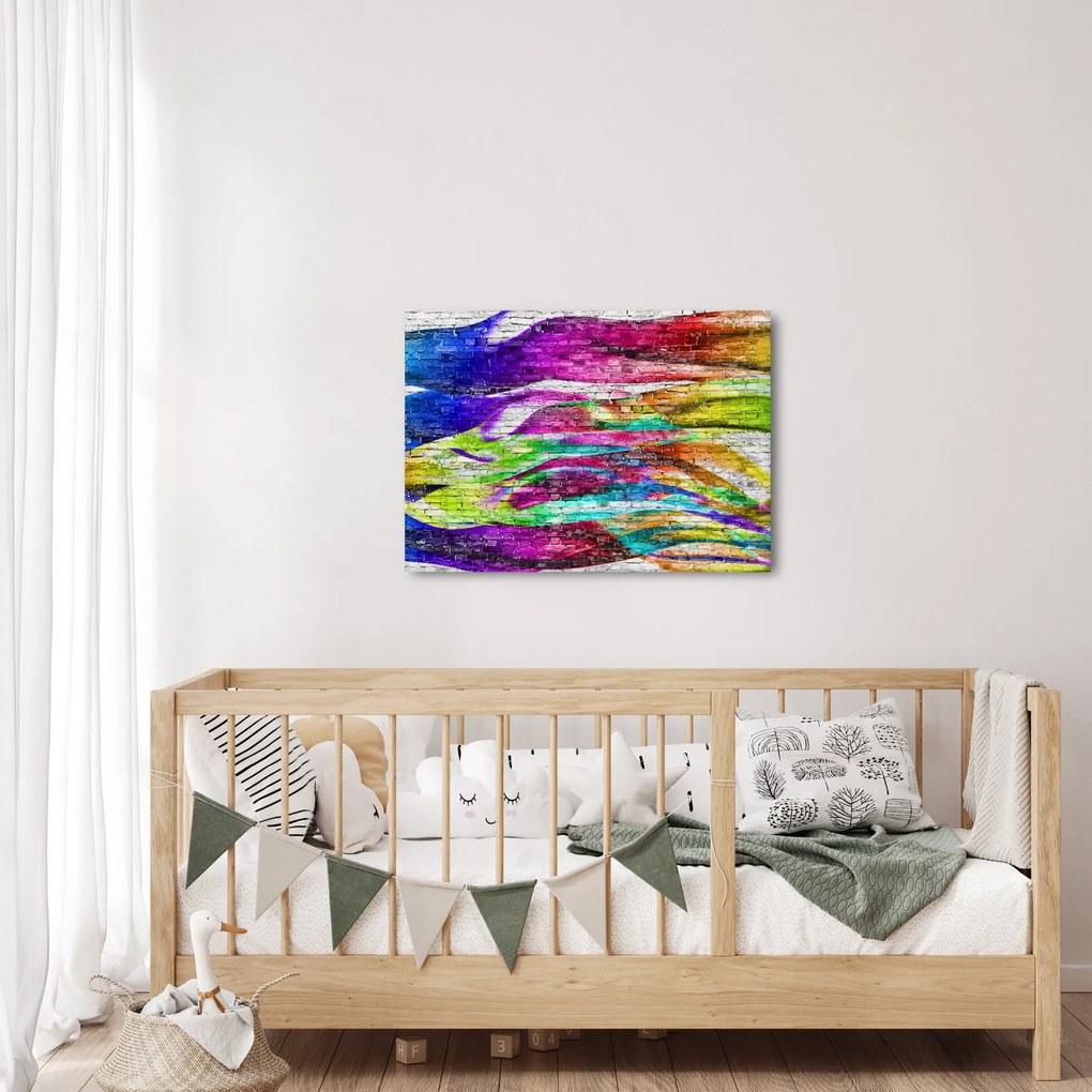 Obraz - Mur z cegły z kolorowymi płomieniami (70x50 cm)