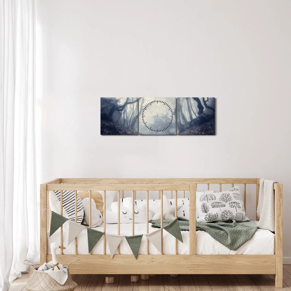 Obraz- Las we mgle (z zegarem) (90x30 cm)