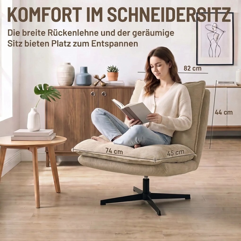 HOMCOM Fotel lounge z pufą, 360° obrotowy, tapicerka sztruksowa, regulowana podpórka pod stopy, beżowy | Aosom PL