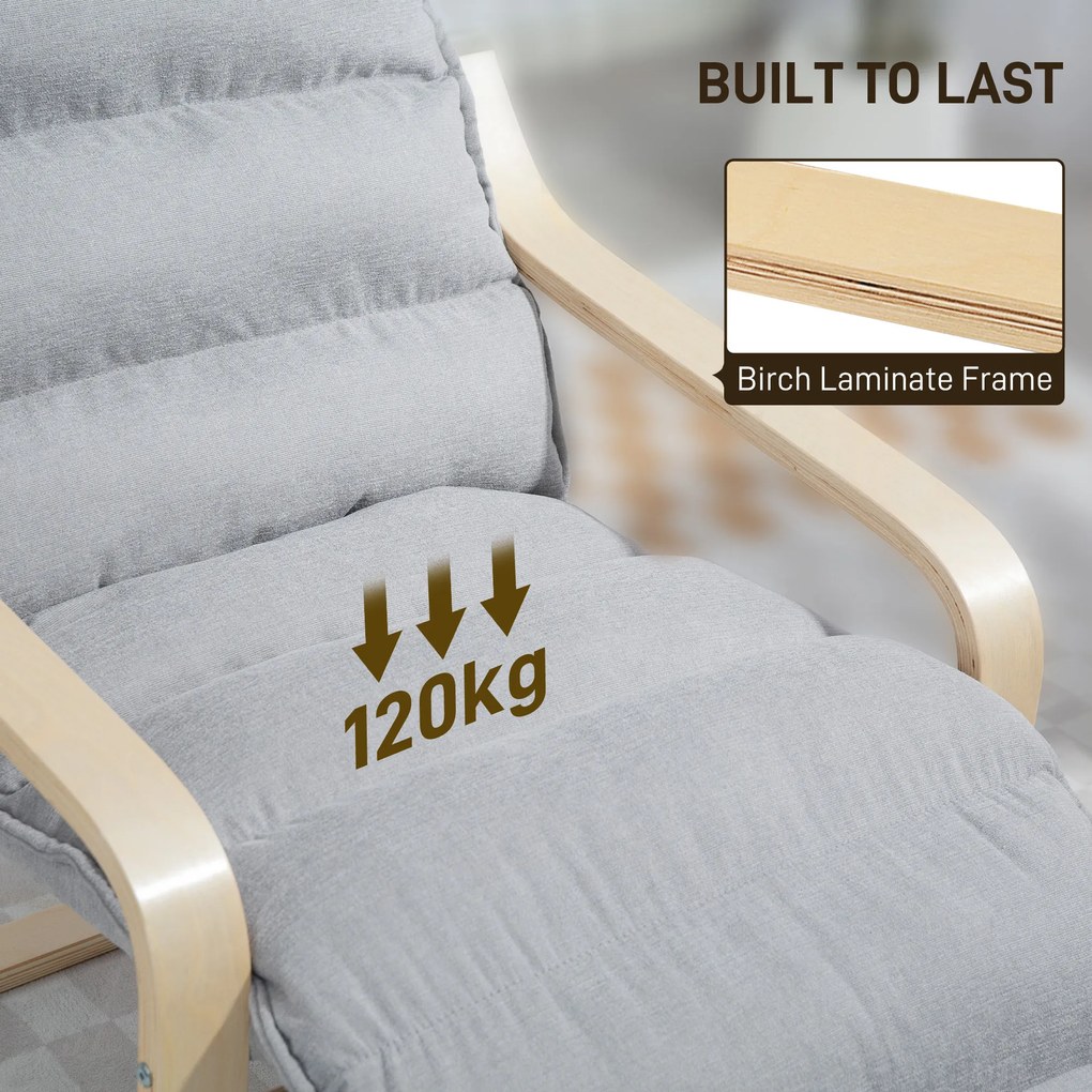 HOMCOM Fotel z laminowanej brzozy, tapicerowany fotel z regulowaną podnóżką, nowoczesny fotel z podłokietnikami, Jasnoszary