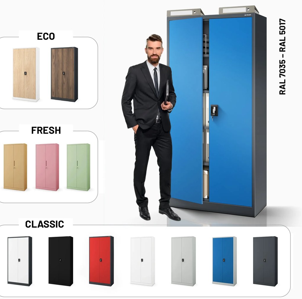 Szafa na dokumenty biurowa metalowa antracytowo-niebieska: JAN H, 900 x 1950 x 400 mm