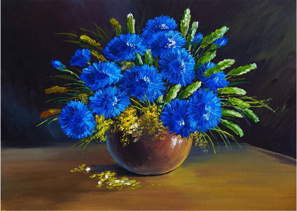Obraz na szkle niebieskich kwiatów w wazonie (70x50 cm)
