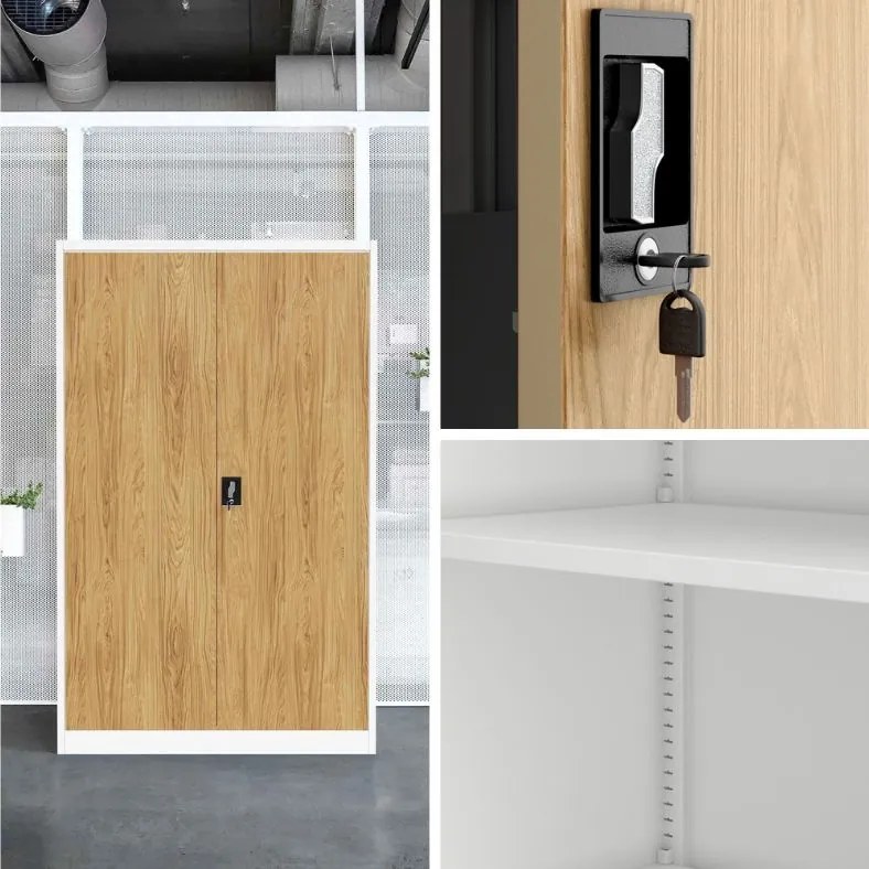 Szafa biurowa na akta szeroka Eco Design Jan II 115x40x185 cm, biały/dąb złoty