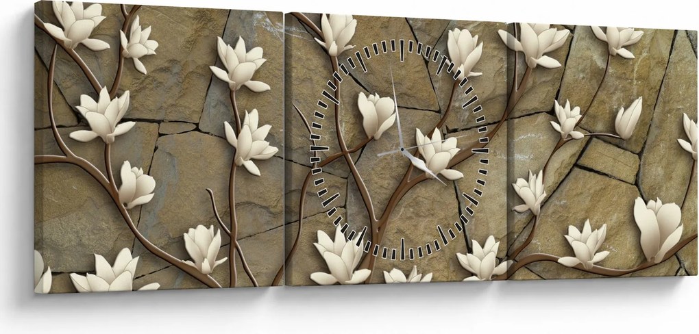 Obraz - Białe magnolie na murze kamiennym (z zegarem) (90x30 cm)