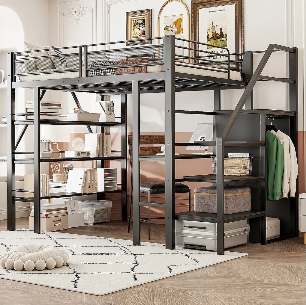 Łóżko piętrowe dla dzieci - 140 x 200cm - z biurkiem + szafą + schodkami ze schowkiem - metalowe - czarne