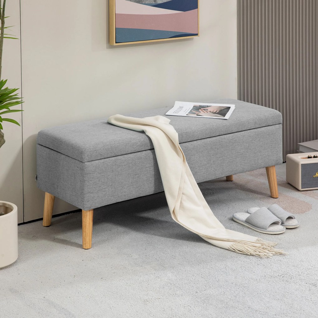 HOMCOM Ławka tapicerowana z przestrzenią do przechowywania, wykończenie w wyglądzie lnu, nogi z drewna kauczukowego, do 220 kg, 110x39x45cm, szara