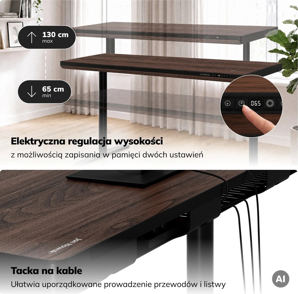 Biurko elektryczne sit-stand z szufladą i ładowarką bezprzewodową Qi czarne/orzech, 1600 mm: ELLIS