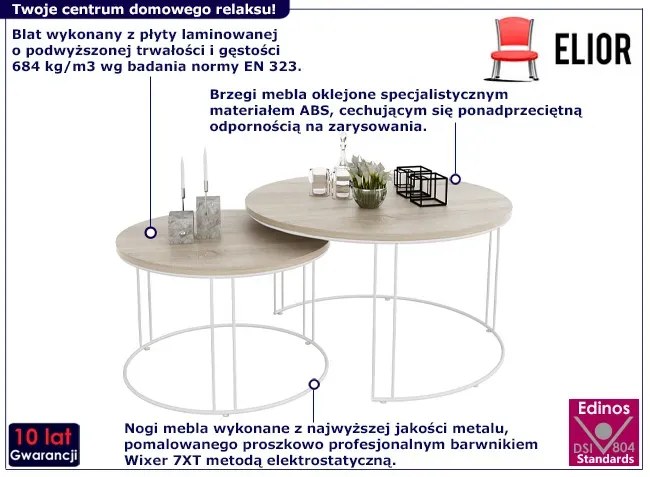 Dwa stoliki druciane w zestawie biały + dąb sonoma - Eksa 5X