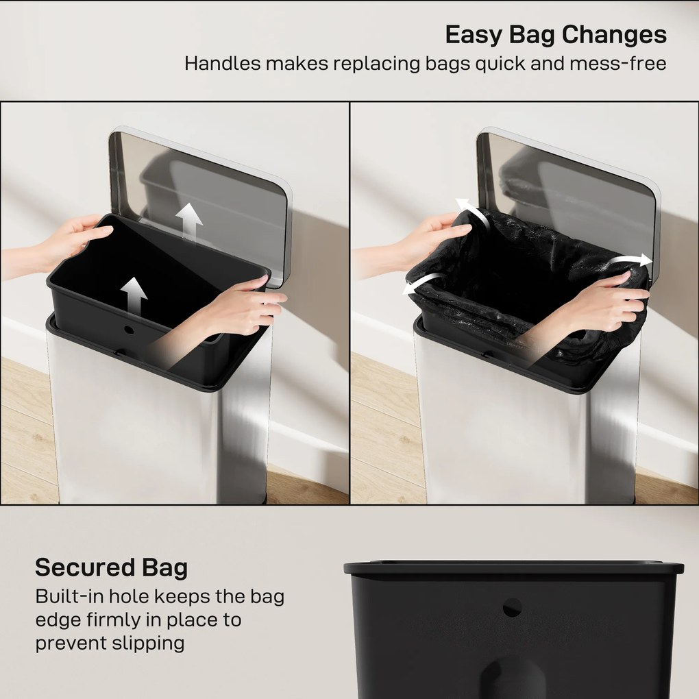 HOMCOM Kosz na śmieci 20 L z pedałem i pokrywą soft-close, wyjmowany wkład, srebrny, 34,2 x 30,6 x 44,2 cm