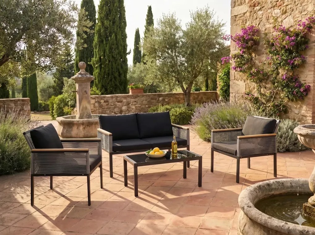 Mały zestaw mebli na balkon (2 x fotel, sofa + stolik) CORTO czarne aluminium, szary technorattan