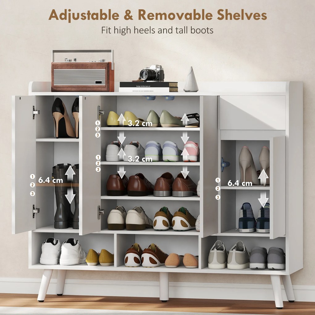 HOMCOM Szafka na buty z bezuchwytowym designem, 4 drzwi, 4 regulowane półki, wolnostojący regał na buty z 5 drewnianymi nogami, drewno, Biały