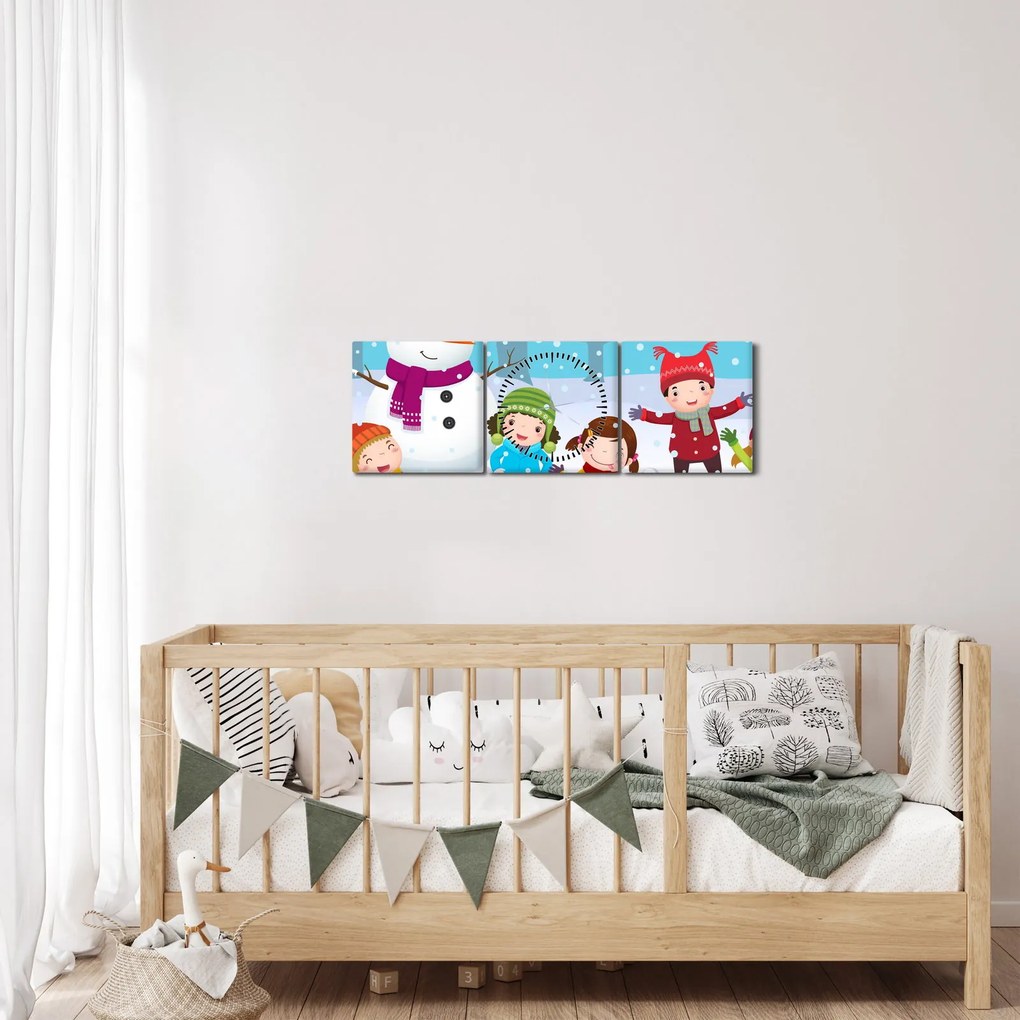 Obraz - Zimowe dziecięce zabawy (z zegarem) (90x30 cm)