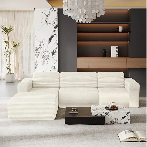 Modułowa Sofa 3-osobowa z pufą - w Welurze Żebrowanym - narożnik odwracalny - Beżowy - 303x202x82cm