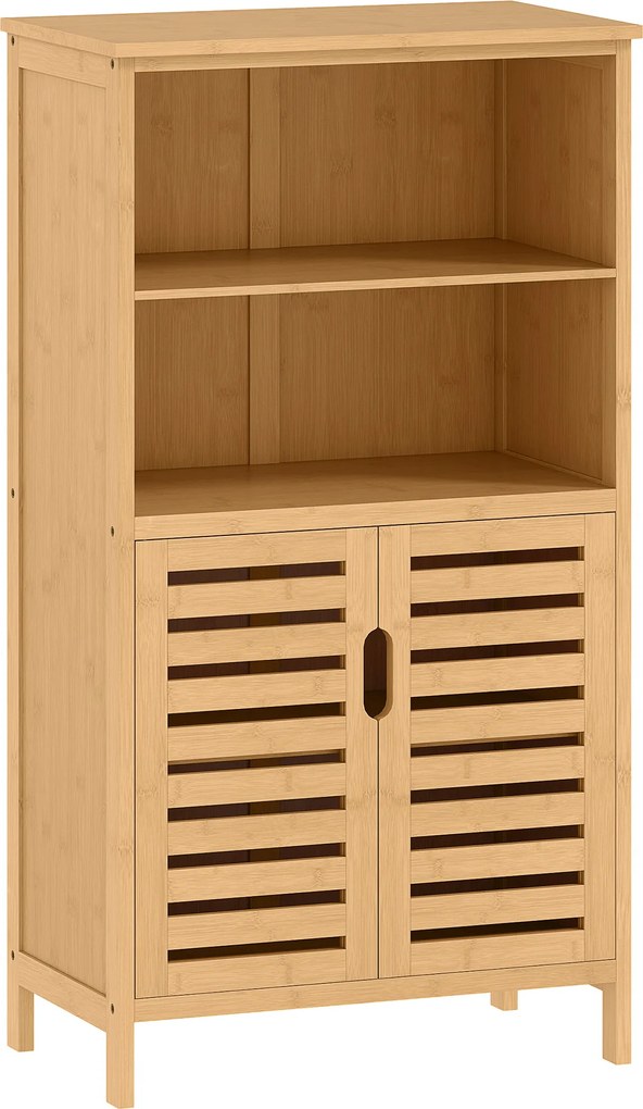 kleankin Szafka Łazienkowa Bambusowa z Żaluzjowymi Drzwiami 2 Półki Drewno Naturalne 50x29x92cm | Aosom PL