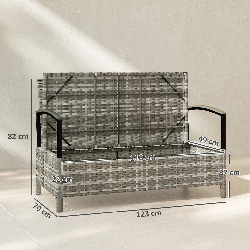 Outsunny Ławka ogrodowa ze schowkiem, 2-osobowa, z poduszką, pojemnik 125L, rattan PE, 123 x 70 x 82 cm, ciemnoszara | Aosom PL