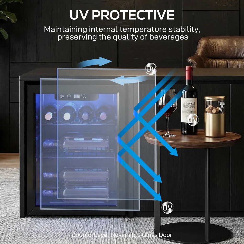 HOMCOM Chłodziarka do wina na 16 butelek, 48 L pojemności, temperatura 4–16°C, podblatowa lodówka na napoje i piwo, z szklanymi drzwiami i LED światłem | Aosom PL