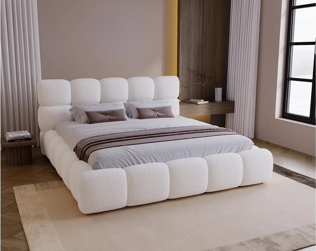 BESILIO Łóżko z grubej pianki 120x200 boucle Boston - łóżko z pojemnikiem i stelażem - Biały