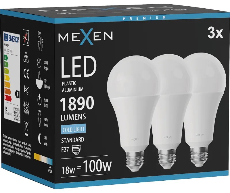 Mexen Nova 3x żarówka LED E27, A70, 18W, Zimna - 6500K, 1890 lm - L100-E27-1865-01x03