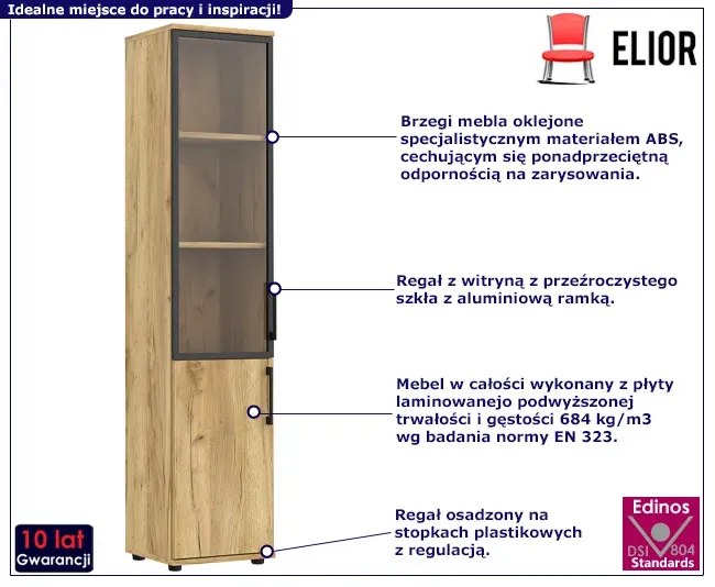 Wąski regał biurowy z witryną dąb craft - Heda