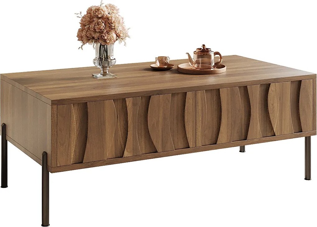 Nowoczesny stolik kawowy w stylu retro - 105 x 55 x 41 cm - z 2 szufladami - MDF + płyta wiórowa - naturalny