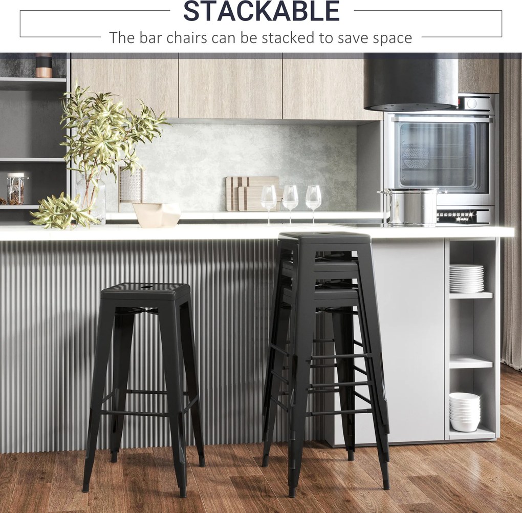 HOMCOM Zestaw 4 Stołków Barowych z Metalu, Do Użytku Wewnętrznego i Zewnętrznego, Składana Konstrukcja, Czarny