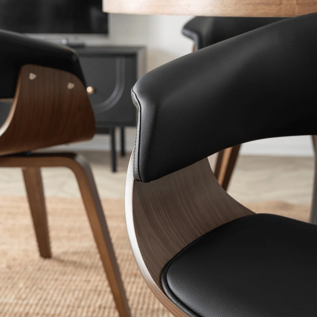 Krzesło Tapicerowane z Drewna Giętego GARY Orzech/Czarne Ekoskóra Nowoczesne Loft